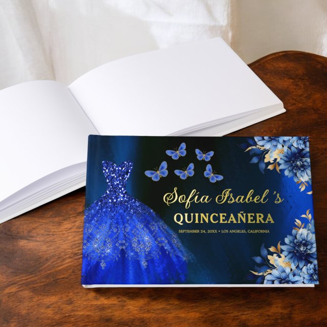 Quinceañera Royal Blue Gold Princess Butterflies Guest Book (Creator Uploaded)