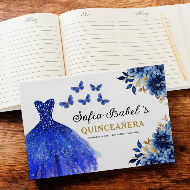 Quinceañera Royal Blue Gold Princess Butterflies Guest Book (Creator Uploaded)