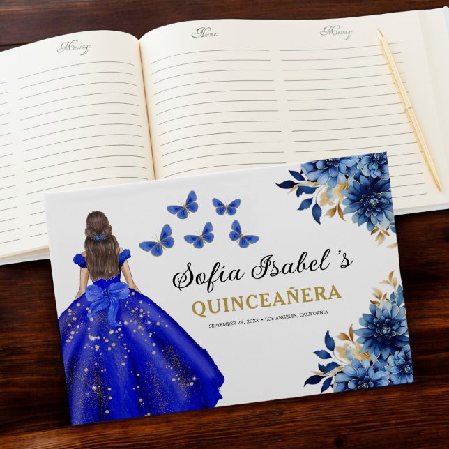 Quinceañera Royal Blue Gold Princess Butterflies Guest Book (Creator Uploaded)