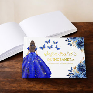 Quinceañera Royal Blue Gold Princess Butterflies Guest Book