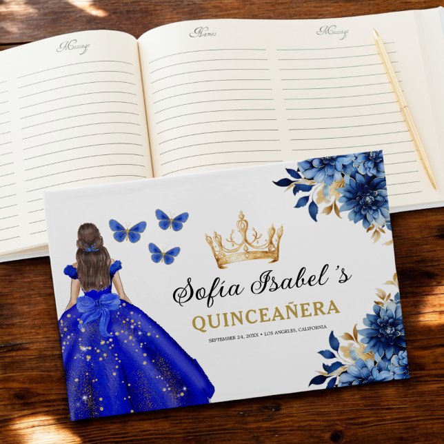 Quinceañera Royal Blue Gold Princess Butterflies Guest Book (Creator Uploaded)