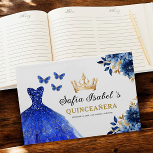 Quinceañera Royal Blue Gold Princess Butterflies Guest Book