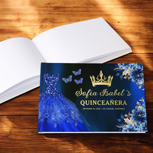 Quinceañera Royal Blue Gold Princess Butterflies Guest Book (Creator Uploaded)