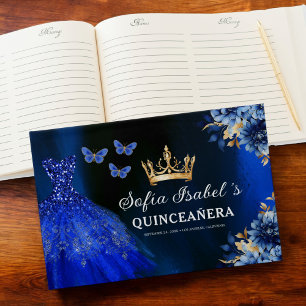 Quinceañera Royal Blue Gold Princess Butterflies Guest Book