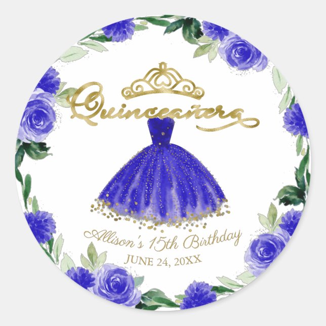 Quinceanera Royal Blue Gown Floral Classic Round Sticker (Front)