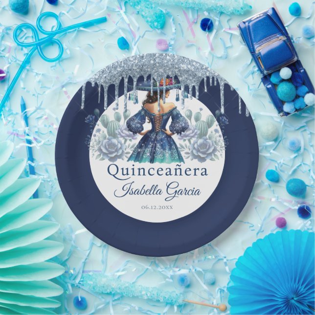 Quinceañera Royal Blue Mexican Style Paper Plate (Party)