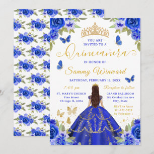 Quinceañera Royal Blue Princess Brunette Girl Invitation