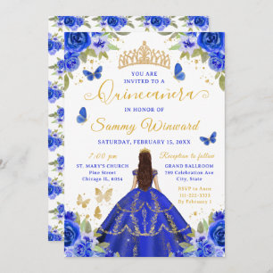 Quinceañera Royal Blue Princess Brunette Girl Invitation