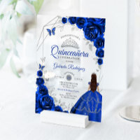 Quinceanera Royal Blue Silver Floral Dress