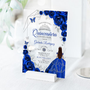 Quinceanera Royal Blue Silver Floral Dress Acrylic Invitations