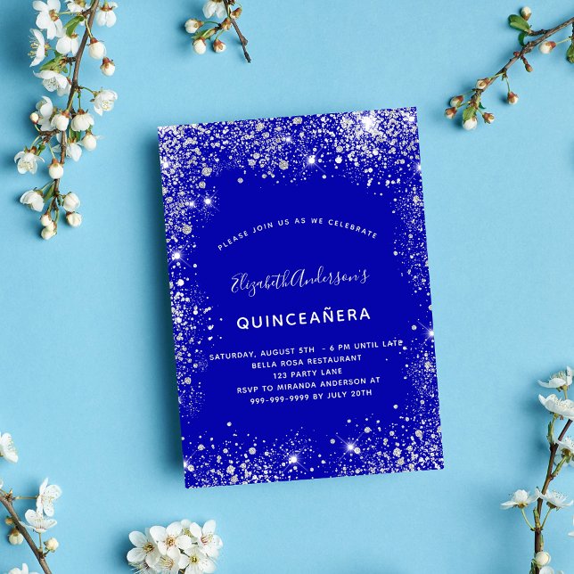 Quinceanera royal blue silver glitter dust glam invitation (Creator Uploaded)