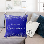 Quinceanera royal blue silver glitter dust name cushion<br><div class="desc">A pillow for a Quinceañera,  15th years old girls room. A royal blue background with faux silver glitter dust. The text: Quinceañera is written in white with a large modern hand lettered style script. Personalise and add a name.</div>