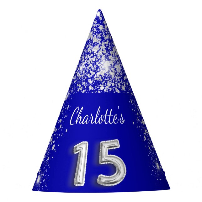 Quinceanera royal blue silver glitter name party hat (Front)