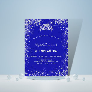 Quinceanera royal blue silver glitter tiara invitation