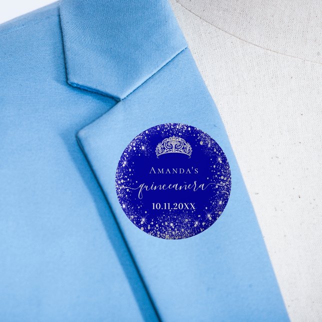 Quinceanera royal blue silver glitter tiara name 6 cm round badge (Creator Uploaded)