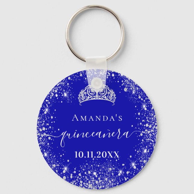 Quinceanera royal blue silver glitter tiara name key ring (Front)