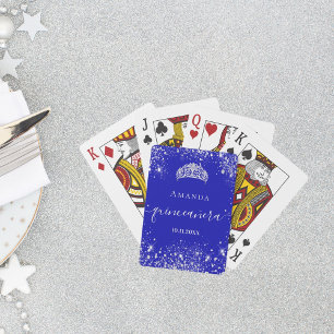 Quinceanera royal blue silver glitter tiara name playing cards