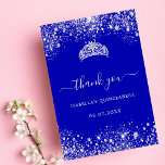 Quinceanera royal blue silver glitter tiara thank you card<br><div class="desc">A Quinceañera, 15th birthday thank you card. A royal blue background colour. Decorated with faux silver glitter, sparkles. On front large white hand lettered script and the text: Thank You. Back: Personalise and add Your thank you note and name. The name is written with a modern hand lettered style script...</div>