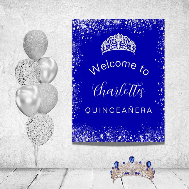 Quinceanera royal blue silver glitter welcome poster (Creator Uploaded)
