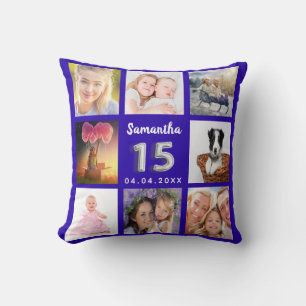 Quinceanera royal blue silver photo collage cushion