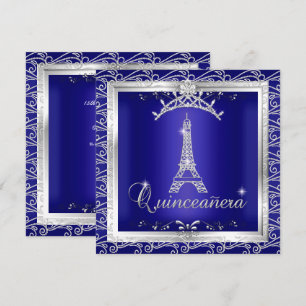 Quinceanera Royal Blue Silver Tiara Eiffel Tower 2 Invitation
