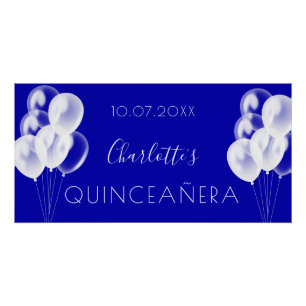 Quinceanera royal blue white balloons party poster