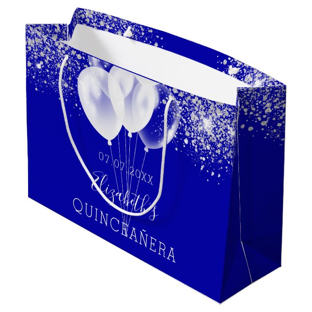 Quinceanera royal blue white glitter balloons large gift bag (Back Angled)
