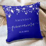 Quinceanera royal blue white stars name cushion<br><div class="desc">For an elegant Quinceañera,  15th birthday.  A trendy royal blue background colour. Decorated with white stars. Personalise and add a name,  age and a date. Quinceañera is written with a modern hand lettered style script with swashes.</div>