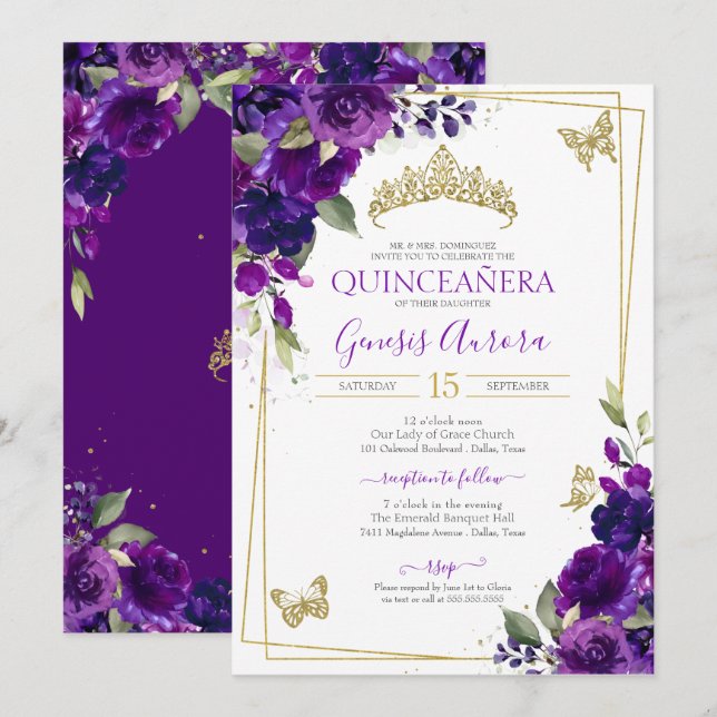 Quinceañera Royal Purple Floral Butterfly Invitation (Front/Back)
