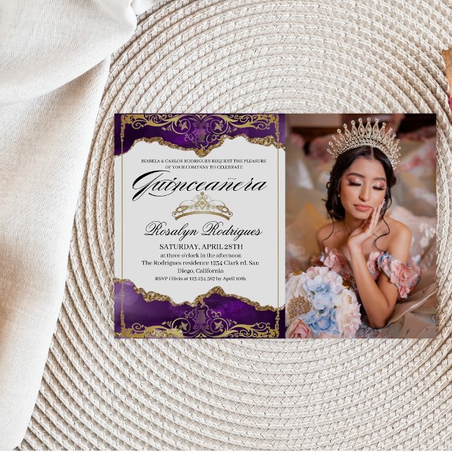 Quinceanera Royal Purple Gold | Photo Invitation (Creator Uploaded)