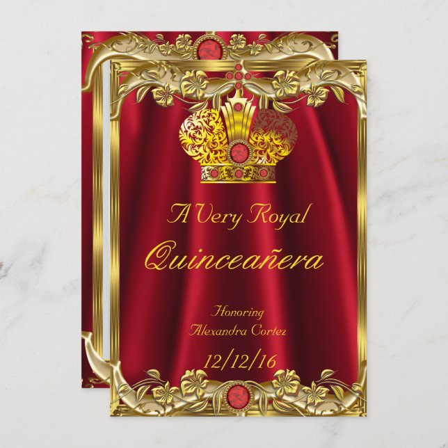 Quinceanera Royal Red Gem Gold Princess Crown 2 Invitation (Front/Back)