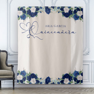 Quinceanera Royal Rose Blue Floral Backdrop Tapestry