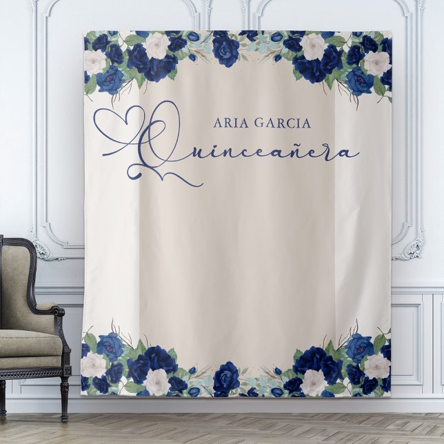Quinceanera Royal Rose Blue Floral Backdrop Tapestry (Floral Quinceanera backdrop with royal navy blue and ivory roses)