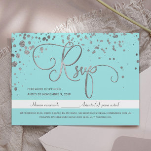 Quinceanera RSVP Blue Silver Spanish Response card