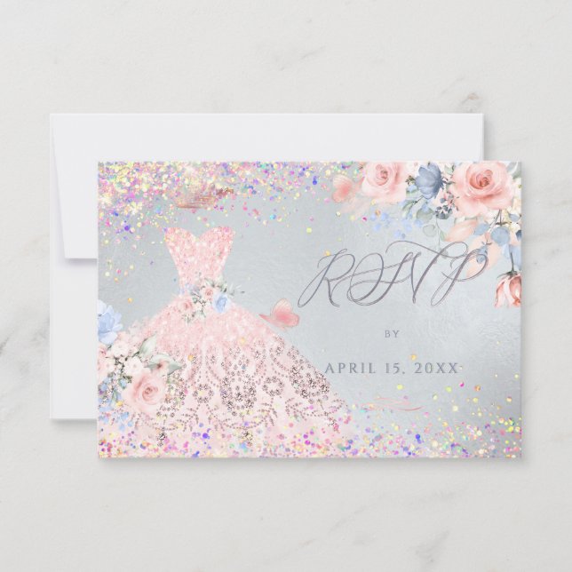 Quinceanera RSVP Blush Pin Glitter Gown Invitation (Front)
