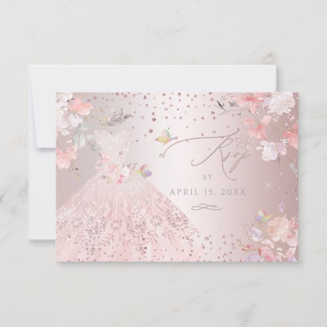 Quinceanera RSVP Blush Pink Gown Sweet Peas Invitation (Front)