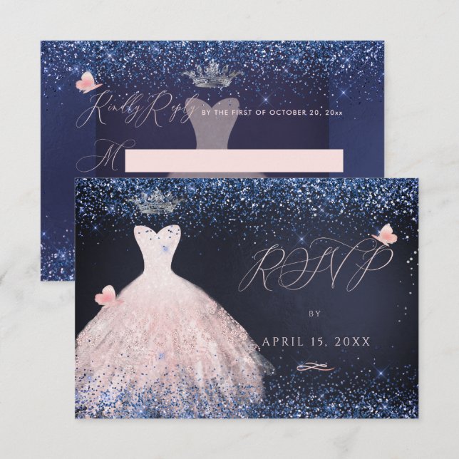Quinceanera RSVP Butterfly Blush Gown Navy In Invitation (Front/Back)