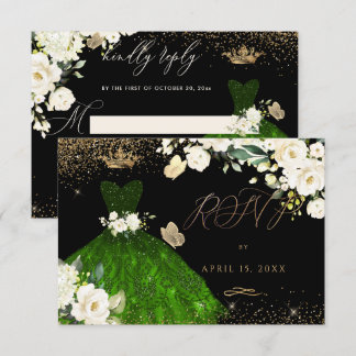 Quinceanera RSVP Emerald Green Glitter Gown Invitation