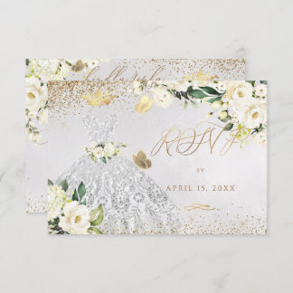 Quinceanera RSVP Silver Glitter Gown Invitation