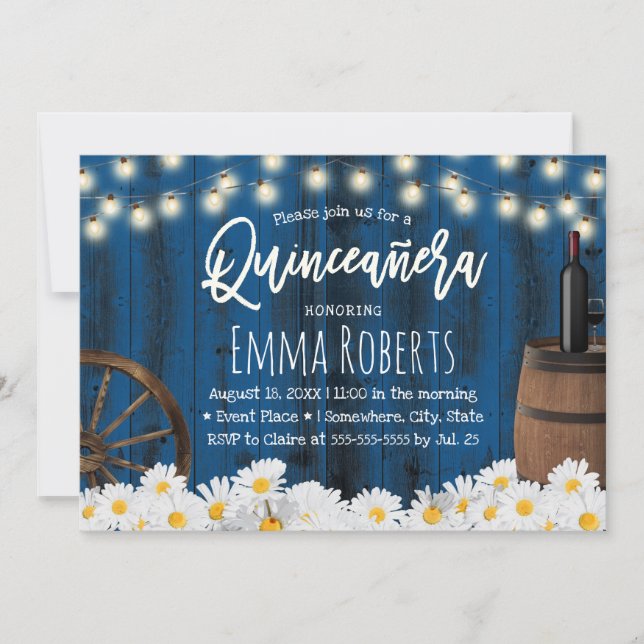 Quinceanera Rustic Daisy Flowers Barrel Navy Blue Invitation (Front)