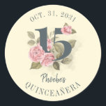 Quinceanera Rustic Floral 15th Birthday Classic Round Sticker<br><div class="desc">Cute modern yet elegant Quinceañera Mis Quince Anos birthday party stickers. Featuring a rustic floral olive green and pink colours design and template that can be easily edited and the text replaced with your own details by clicking the "Personalise" button. For further customisation, please click the "Customise Further" link and...</div>