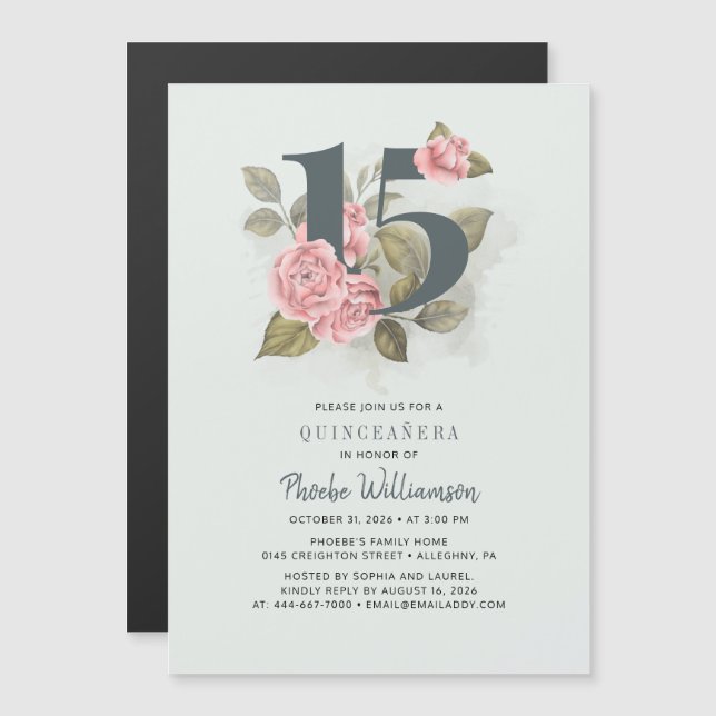 Quinceanera Rustic Floral 15th Birthday Magnetic Invitation (Front/Back)