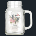 Quinceanera Rustic Floral 15th Birthday Mason Jar<br><div class="desc">Cute modern yet elegant Quinceañera Mis Quince Anos birthday party jars. Featuring a rustic floral olive green and pink colours design and template that can be easily edited and the text replaced with your own details by clicking the "Personalise" button. For further customisation, please click the "Customise Further" link and...</div>
