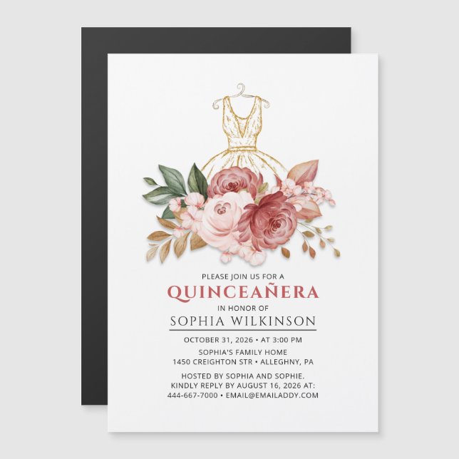 Quinceanera Rustic Floral Faux Gold Dress 15th Magnetic Invitation (Front/Back)
