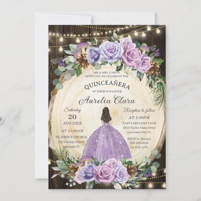 Quinceañera Rustic Purple Floral Enchanted Forest Invitation (Front)