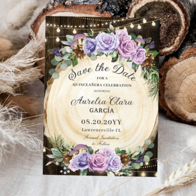 Quinceañera Rustic Purple Floral Enchanted Forest Save The Date (Creator Uploaded)