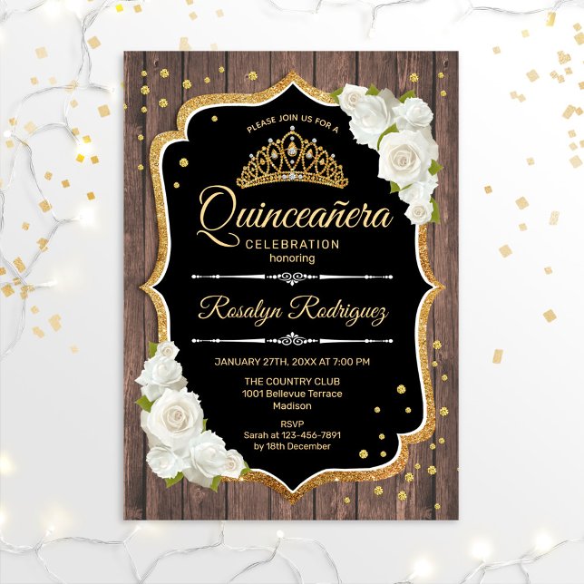Quinceanera - Rustic Wood Gold White Invitation (Creator Uploaded)