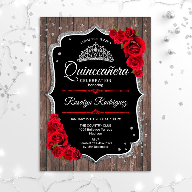 Quinceanera - Rustic Wood Silver Red Invitation (Creator Uploaded)