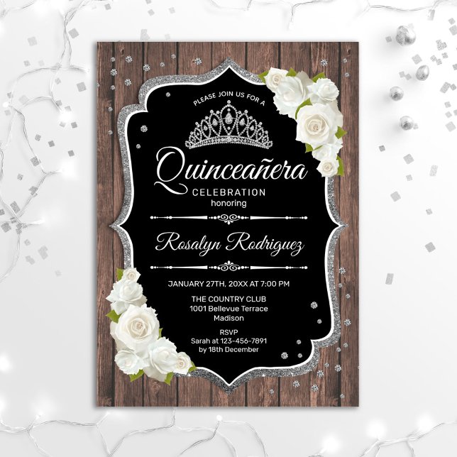 Quinceanera - Rustic Wood Silver White Invitation (Creator Uploaded)