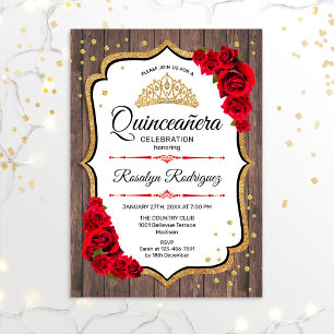 Quinceanera - Rustic Wood White Red Gold Invitation